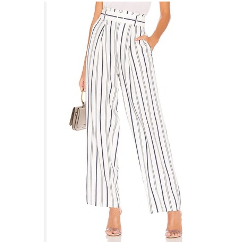 Vince Womens Pleated Wide Leg Belted Striped Trousers White Navy Blue Pants  2